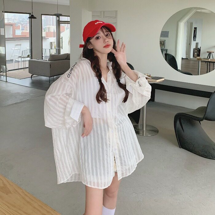 200斤胖妹妹ins夏季中长防晒衬衫外套女学生bf加肥特大码条纹上衣