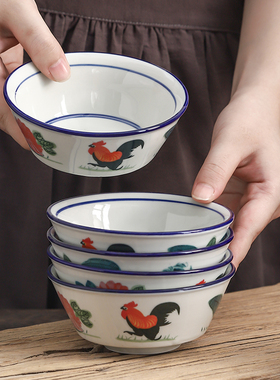 中式手绘鸡公碗高温陶瓷釉下彩微波炉餐具复古怀旧家用米饭碗汤碗