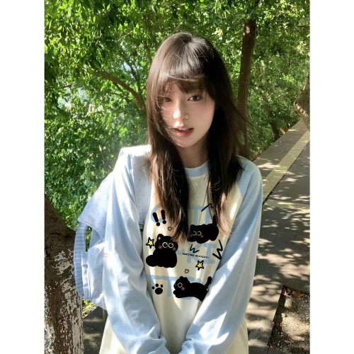 学院风杏色猫咪长袖T恤女秋撞色