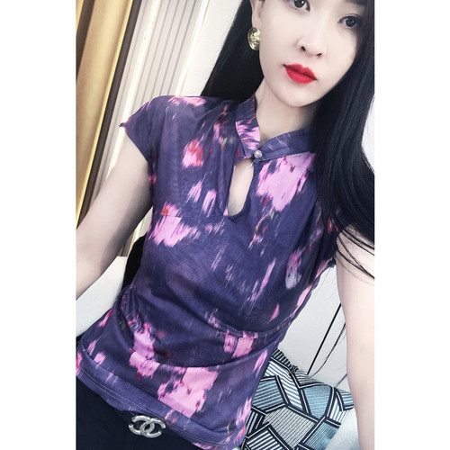 短袖新中式印花网纱小衫