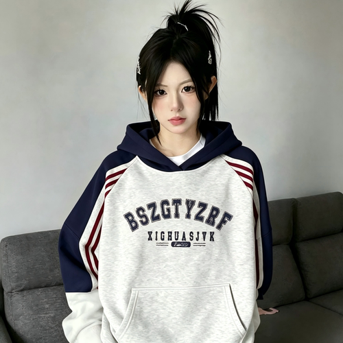 美式三条杠撞色连帽加绒女大童卫
