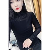 女修身 显瘦时尚 内搭上衣长袖 欧货半高领网纱烫钻打底小衫 t恤小衫