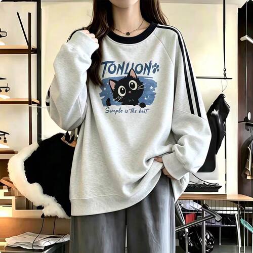 秋季新款大童学生三条杠圆领卫衣少女初中高中学生宽松长袖上衣女