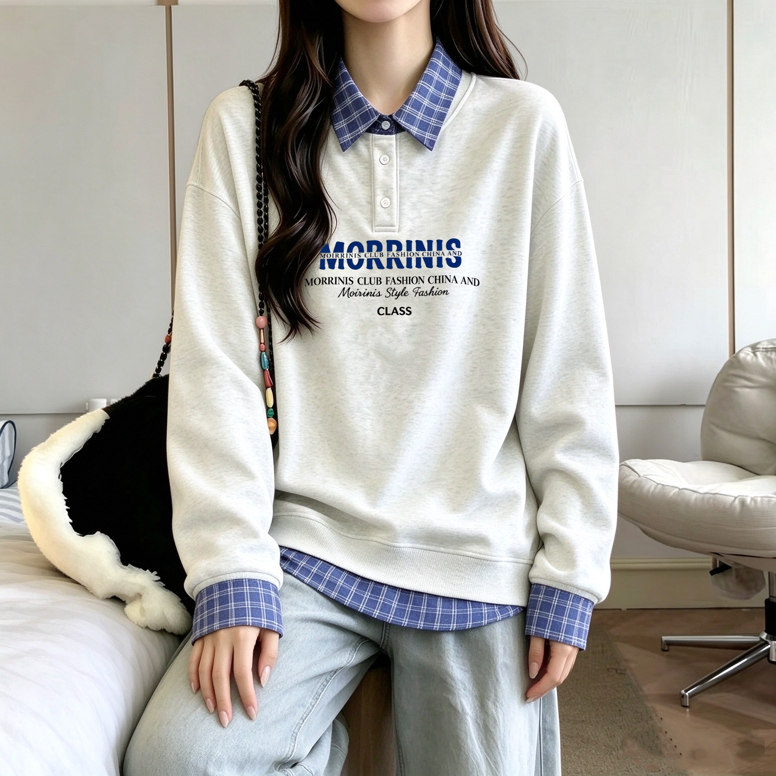 格子拼接假两件卫衣女秋冬新款少女初中高中学生加绒加厚宽松上衣