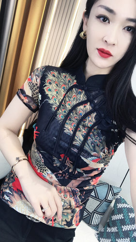 夏季新款国风复古网纱印花盘扣短袖T恤女设计感小众新中式上衣潮