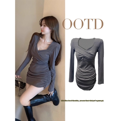 辣妹秋冬季连衣裙大码长袖轻熟风高级灰气质紧身显瘦德绒包臀裙女