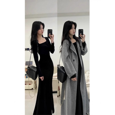 黑色步步生莲鱼尾连衣裙女秋冬季流行风格大衣内搭针织包臀长裙子