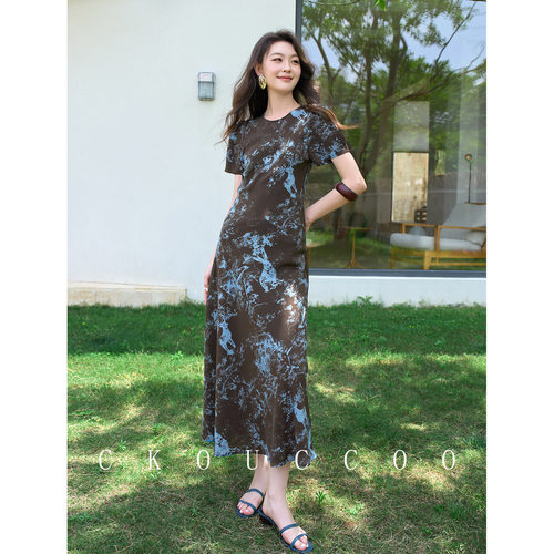 荣太新中式复古晕染真丝连衣裙女夏季圆领短袖高腰显瘦桑蚕丝长裙