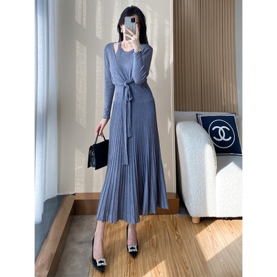 秋冬季新款法式长裙套装感针织毛衣裙两件套大衣内搭连衣裙女