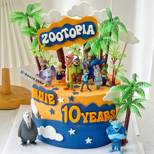 疯狂动物城2蛋糕装饰摆件朱迪尼克兔子警官椰子树生日甜品插件