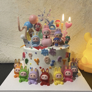 飾軟膠小兔頭擺件兒童生日氣球彩虹插件 網(wǎng)紅Labubu拉布布蛋糕裝