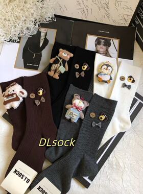 DL早春新款重工卡通玩偶中筒袜子女Ab面韩版小熊纯棉袜子蝴蝶结