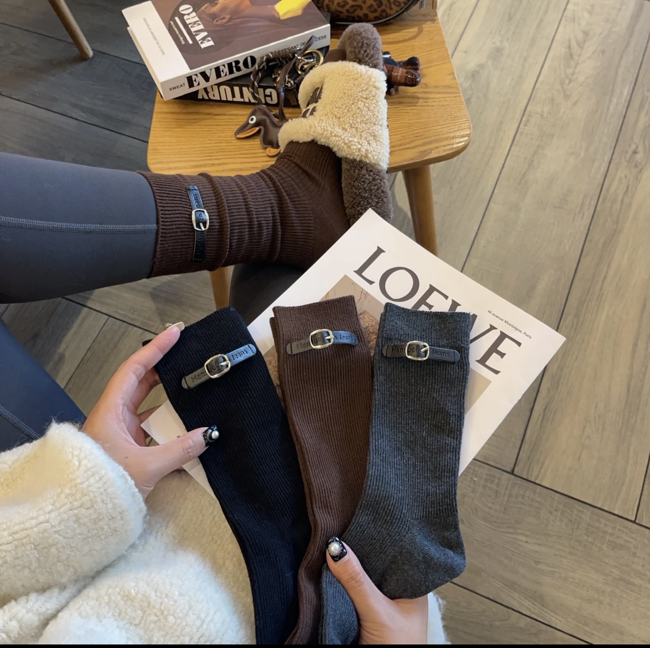 秋冬中筒袜女袜皮扣洋气小众饰品袜韩国东大门堆堆袜潮袜