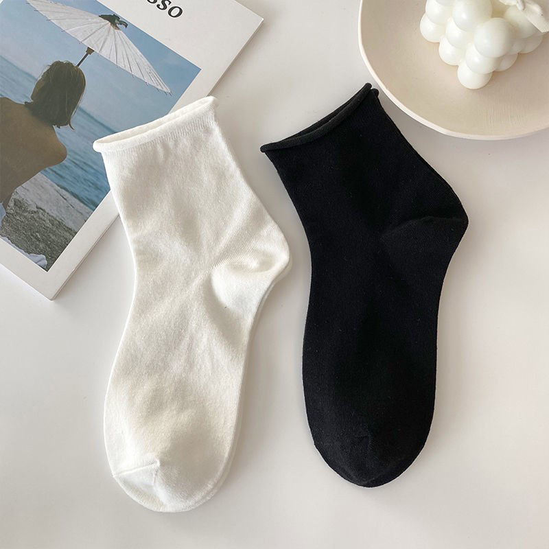 袜子女中筒袜黑白基础款纯色透气棉袜春夏糖果色ins学生运动短袜