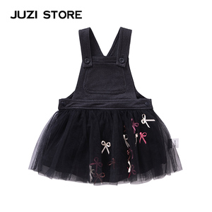 JUZI STORE童装针织牛仔网纱蝴蝶结装饰背带裙连衣裙女童1936835