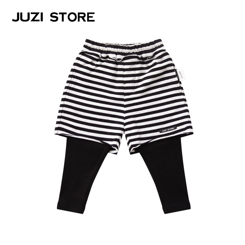 JUZI STORE童装秋季新毛圈条纹下装假两件长裤中性男女童1