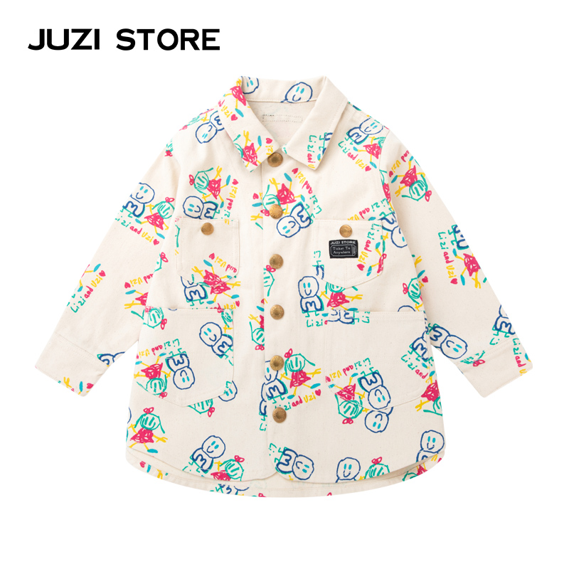 JUZI STORE童装帆布纯棉卡通涂鸦印花衬衫款连衣裙女童10