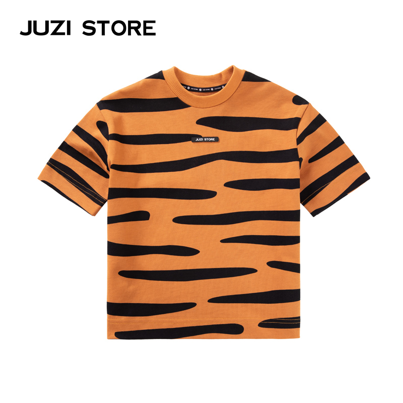 JUZI STORE童装T恤裙粗针虎纹印花中袖宽松连衣裙女童10