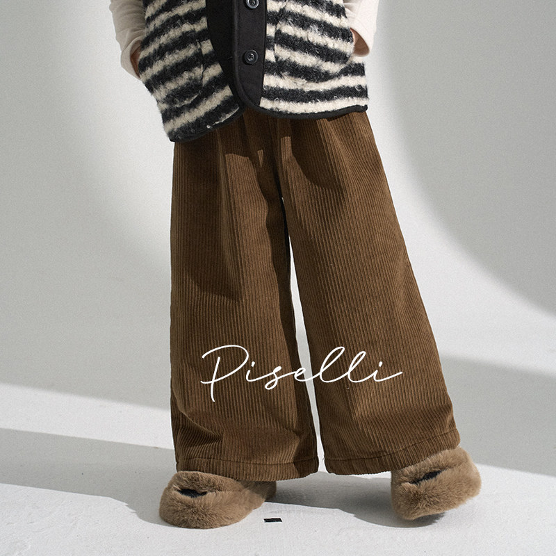 PISELLI史豌豆女童2025新款冬季加厚灯芯绒裤子中大童保暖阔腿裤