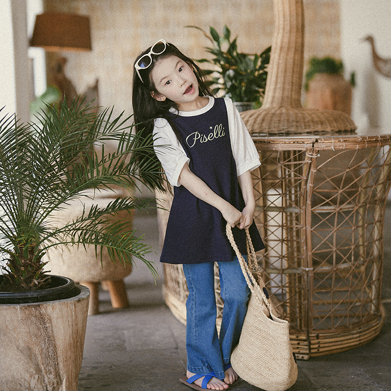 史豌豆童装女童2026夏季新款裙子中大童假休闲两件短袖圆领连衣裙