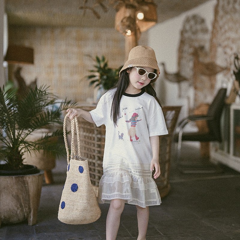 史豌豆童装女童短袖连衣裙2026夏季新款中大童蕾丝拼接卡通T恤裙