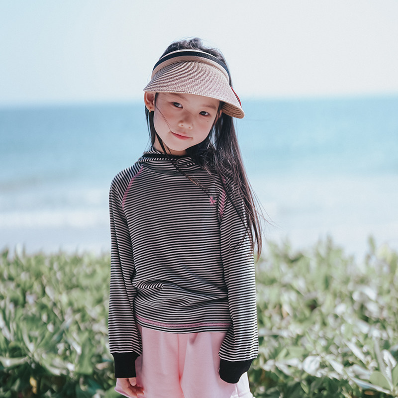 史豌豆童装女童条纹连帽T恤上衣2026春季新款儿童韩版休闲打底衫