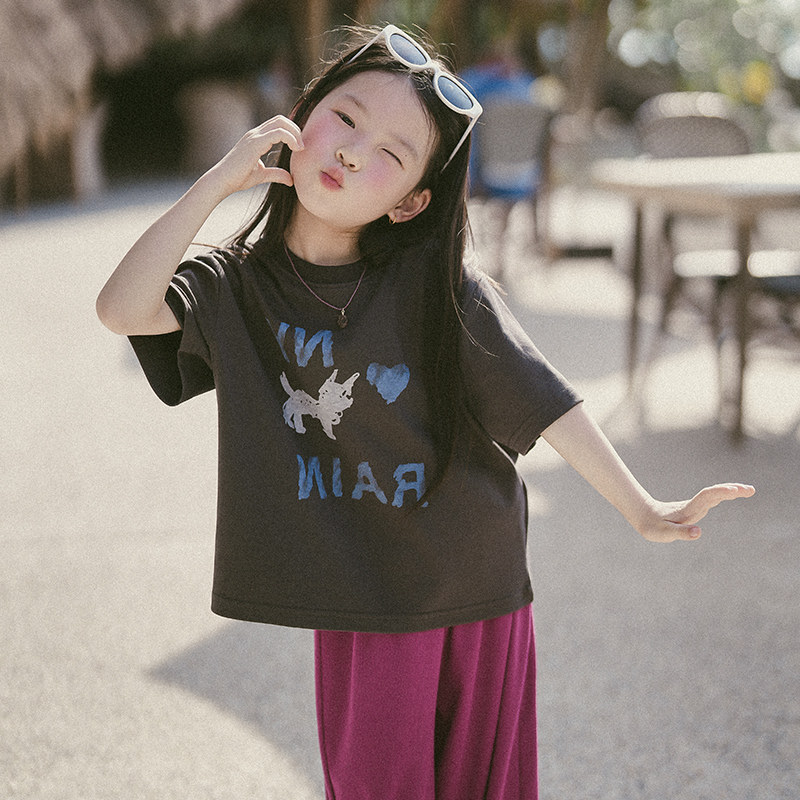 史豌豆童装女童2026夏季新款韩版可爱卡通上衣中大童宽松短袖t恤