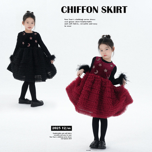 PISELLI史豌豆女童2025新款冬季连衣裙小女孩生日礼服网纱公主裙