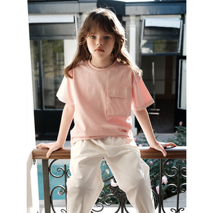 PISELLI史豌豆女童2025夏季新款口袋短袖t恤儿童纯色休闲圆领上衣