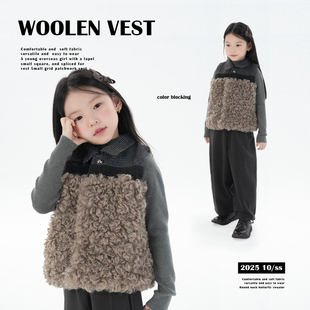 PISELLI史豌豆女童2025秋冬新款儿童气质翻领小方格拼毛马甲外套