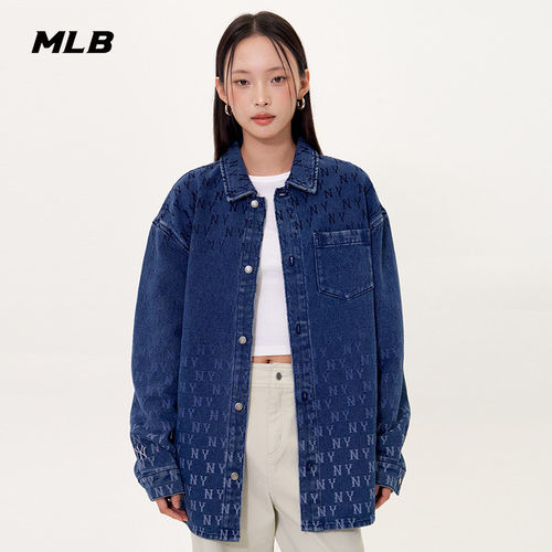 MLB情侣NY老花牛仔翻领衬衫外套