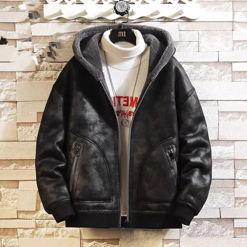 新款立翻领款两面穿机车服外套加绒皮毛一体外套男皮草羊毛夹克服