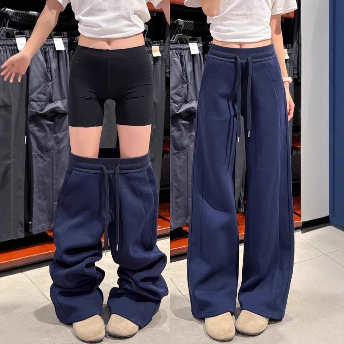 藏青色窄版运动卫裤女秋季2025新款高腰显瘦加绒lulu休闲阔腿裤子,女装/女士精品,卫裤,淘宝优惠券,粉丝福利购,淘宝优惠卷