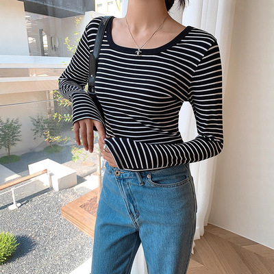 秋季条纹显瘦高弹打底衫女