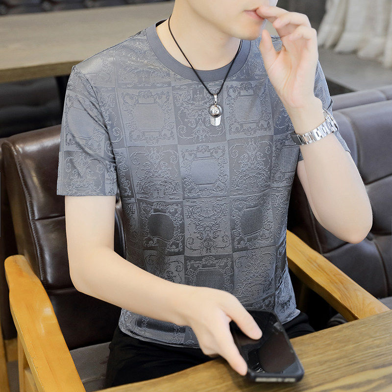 高级感提花短袖T恤男夏季薄款圆领修身速干2026新款冰丝男士上衣