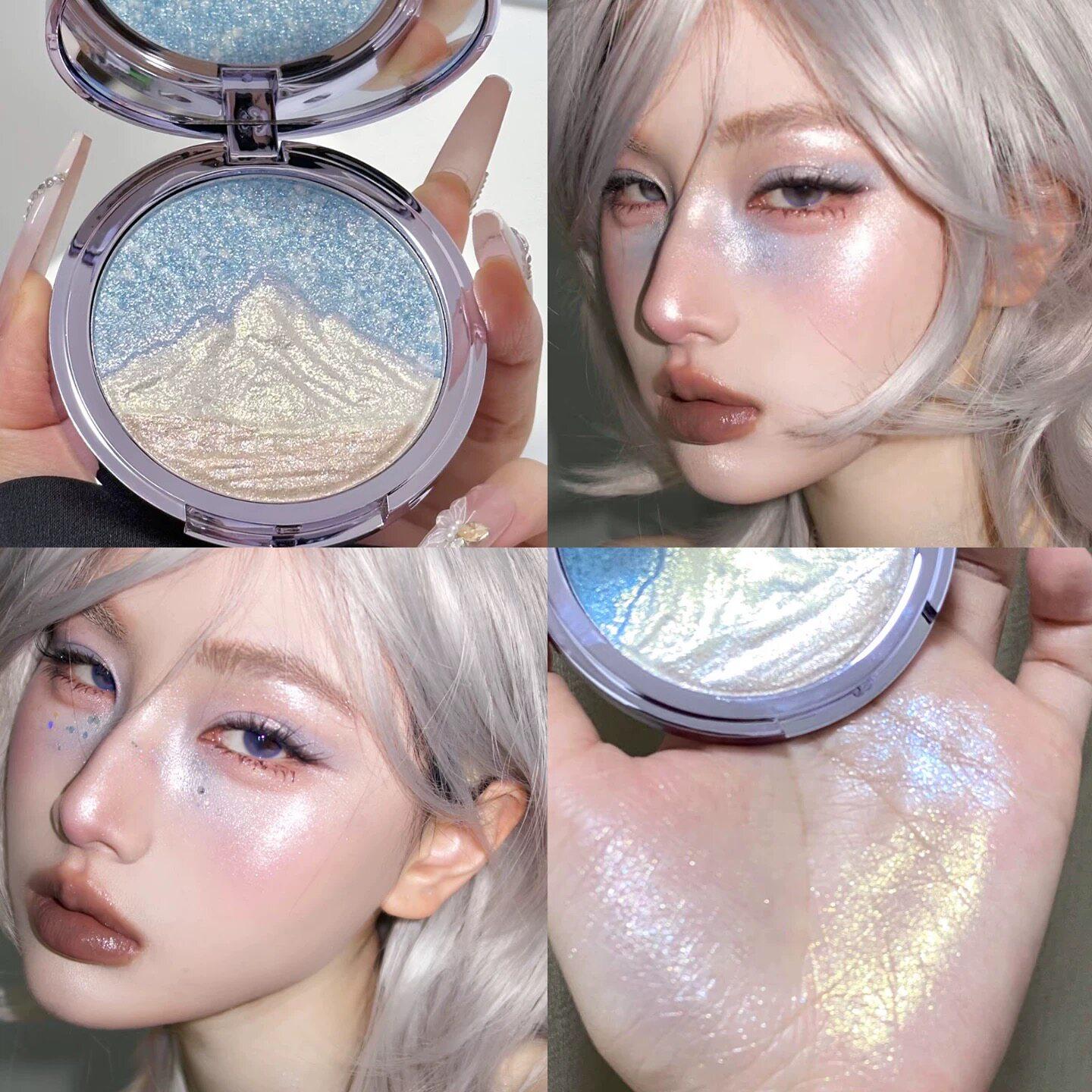 蓝色日照金山三色高光粉！水光肌提亮爆闪面部立体脸部浮雕高光盘