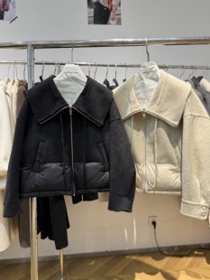 欧洲站25新款韩系气质羊绒羊毛大衣拼接鸭绒服下摆羊毛大衣呢外套