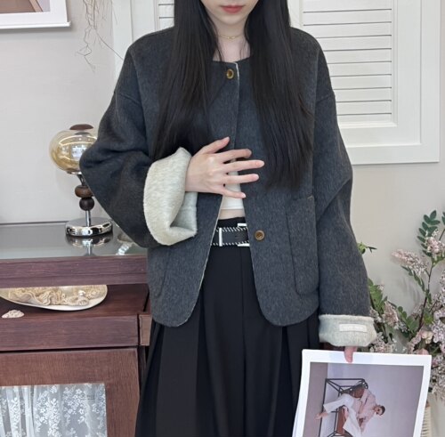 品质双色灰色短款圆领双面羊毛大衣呢外套女宽松显瘦小个子2026新