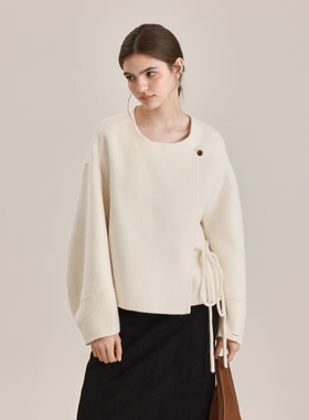 2024秋冬新款韩版羊毛大衣短款宽松显瘦双面羊绒大衣侧系带外套女