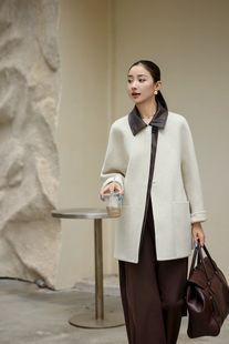 巴恩风拼皮领~2025秋冬新款单排扣双面羊绒大衣女中长款毛呢外套