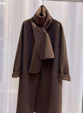 高级感灰色双面羊绒大衣女2024韩系气质围巾领秋冬加厚骆驼绒外套