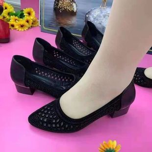 胖东来镂空网纱女单鞋 中跟粗跟透气软底软皮防滑妈妈 夏季 2024新款