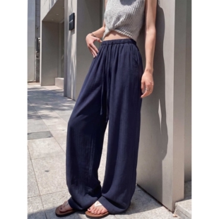 胖东来藏青色亚麻阔腿裤女夏季薄款高腰垂坠感宽松冰丝棉麻直筒阔