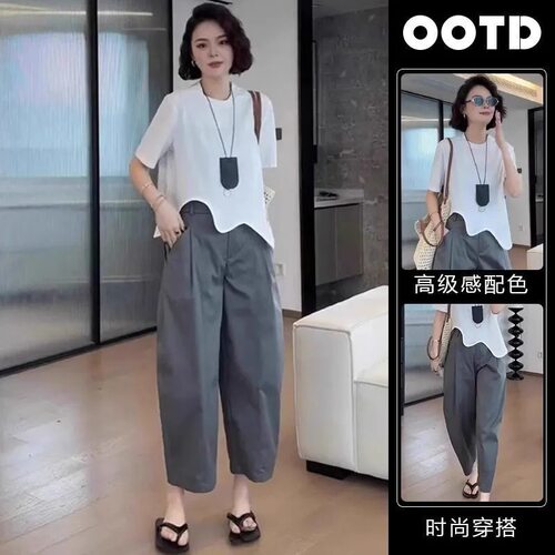 进口单件/御姐轻熟风穿搭女夏季新款设计感白色T恤收腰显瘦阔腿裤