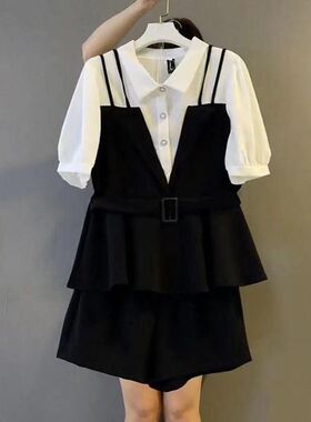 胖东来胖妹妹大码女装夏季新款假两件短袖翻领衬衫显瘦休闲短裤两
