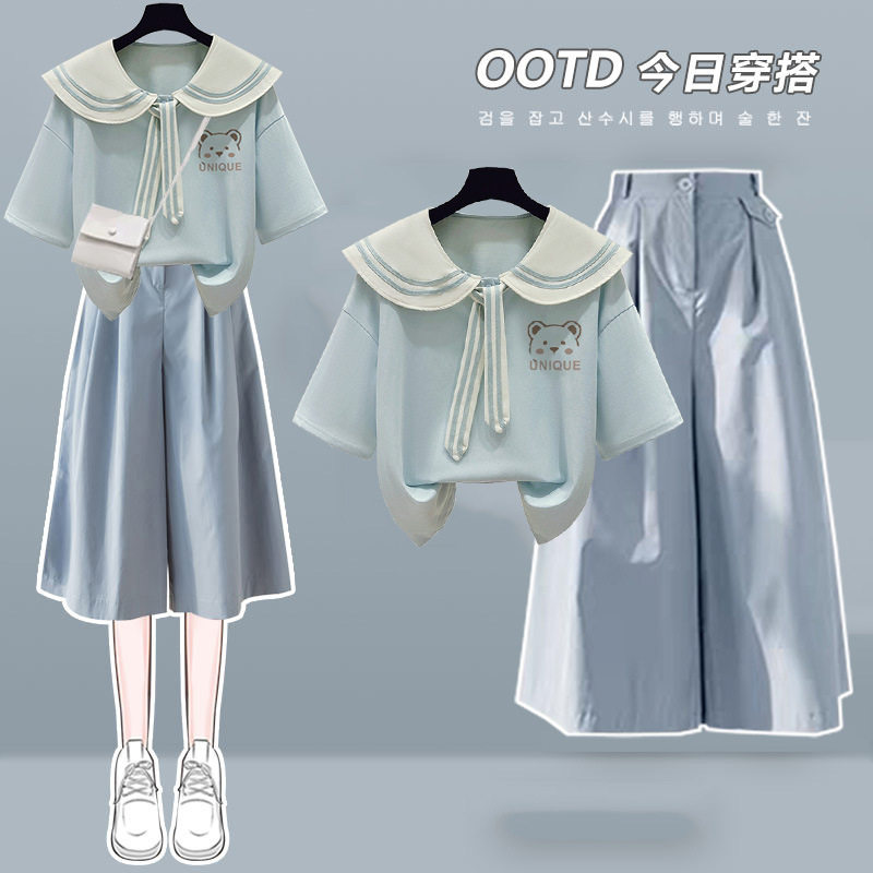 胖东来高中生七分裙裤夏季少女孩套装流行初中学生娃娃领短袖时尚