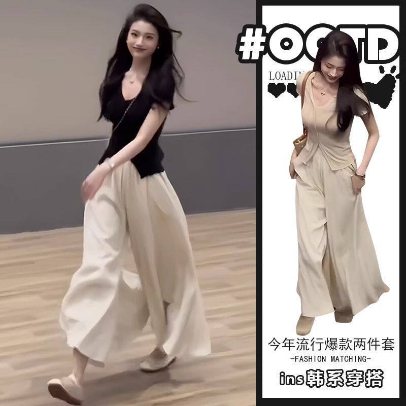 胖东来气质御姐温柔风穿搭一整套女装夏装黑色上衣搭雪纺九分裤两