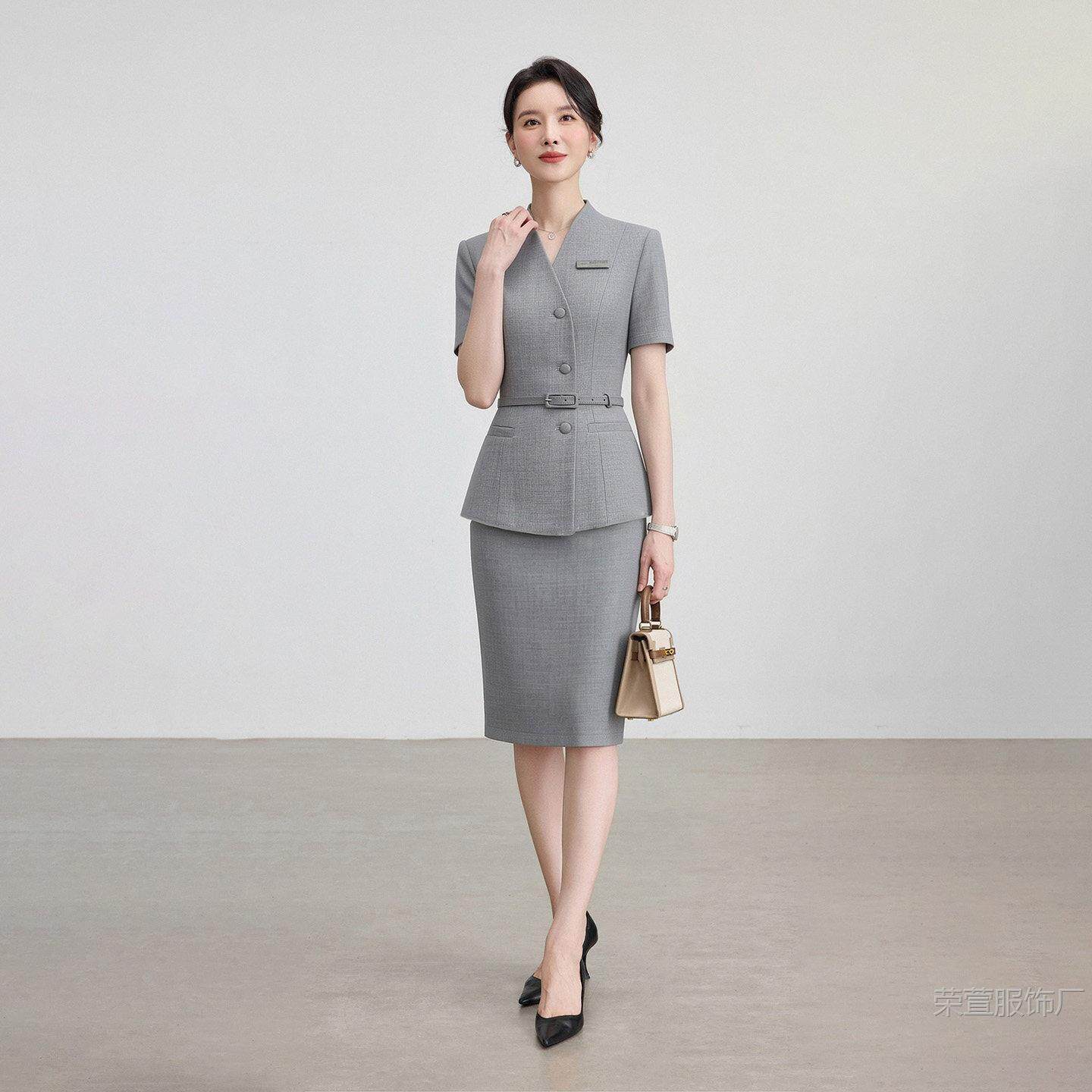日本进口藏青色西装套装女夏季短袖西服收腰OL气质医美咨询师主持