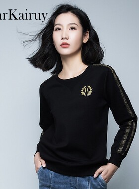 圆领黑色卫衣女款2026新款春秋装港味chic上衣欧货衣服女外套
