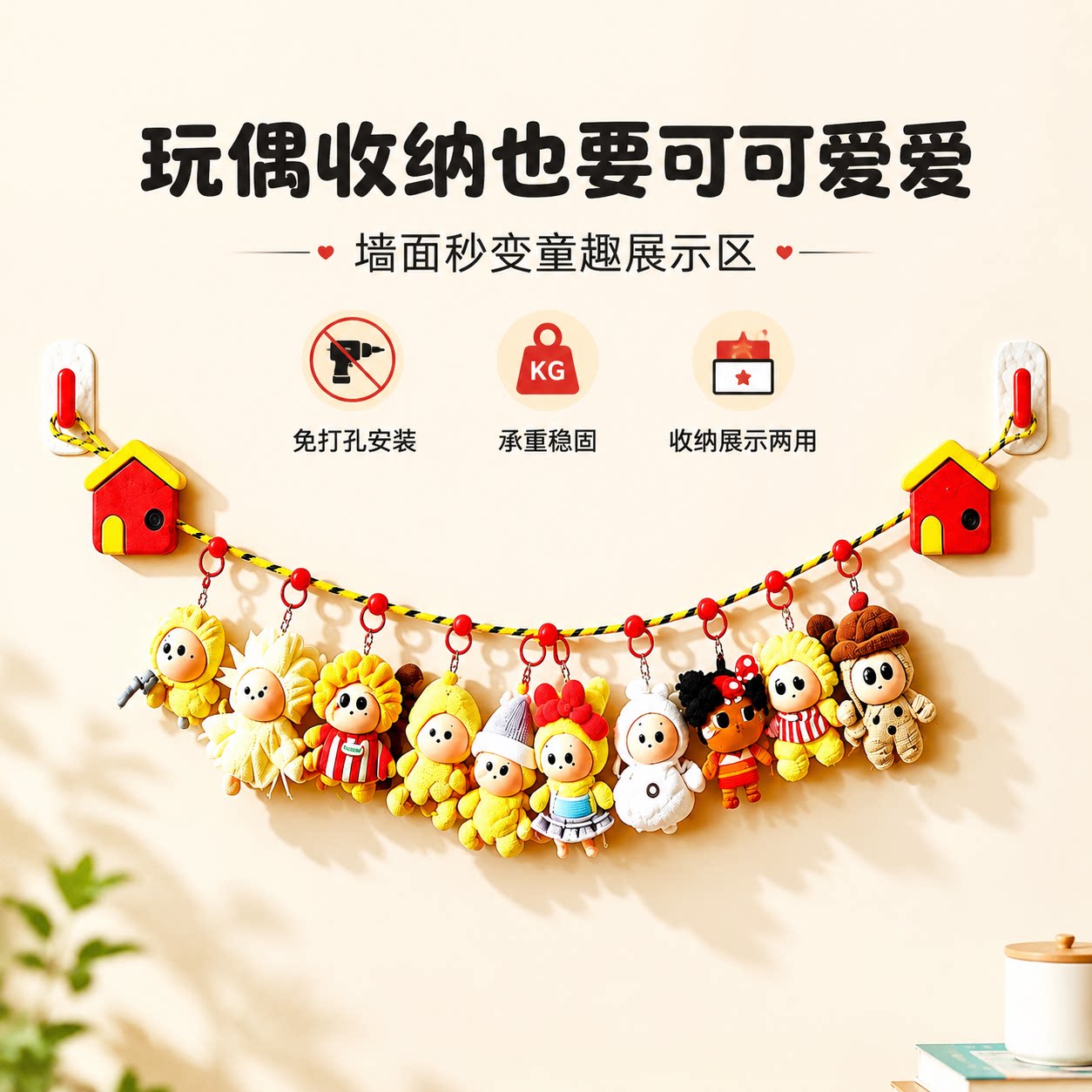 免打孔壁挂玩偶收纳展示挂绳图片
